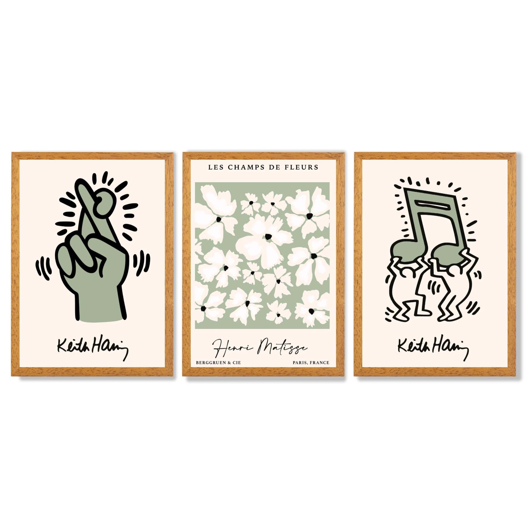 Set of 3 Keith Haring meets Matisse in Green Framed Wall Art with Oak Wooden Frames