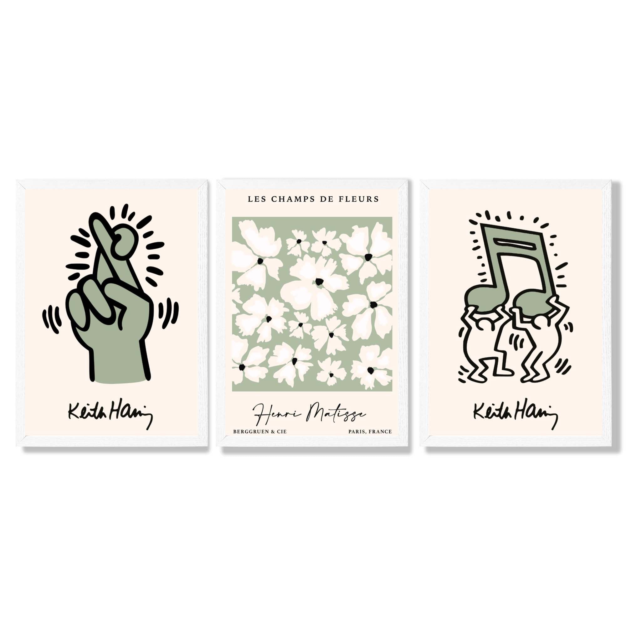Set of 3 Keith Haring meets Matisse in Green Framed Wall Art with White Wooden Frames