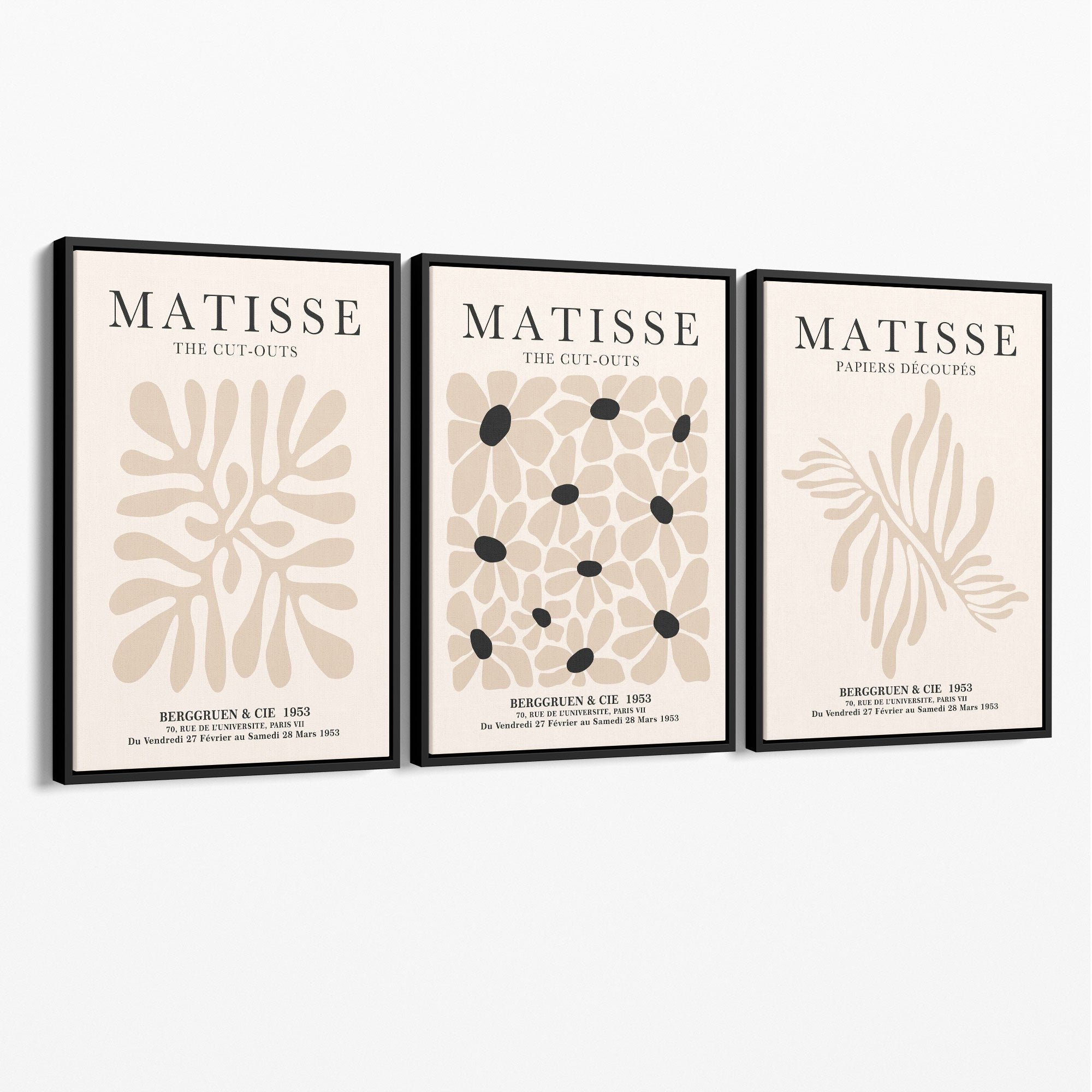 Set of 3 Matisse Floral Neutral Beige Canvas Prints with Black Float Frame