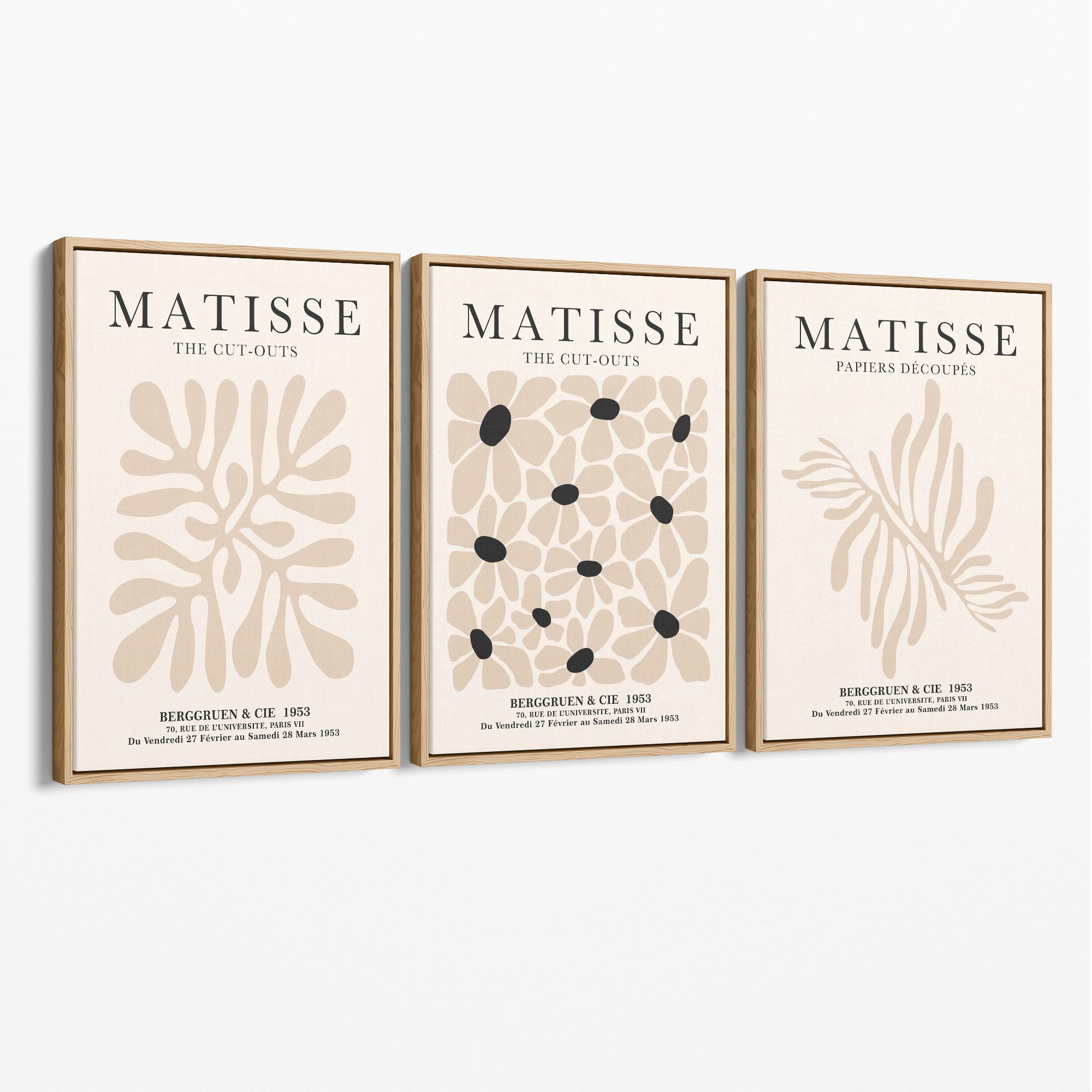 Set of 3 Matisse Floral Neutral Beige Canvas Prints with Oak Float Frame
