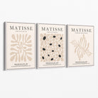 Set of 3 Matisse Floral Neutral Beige Canvas Prints with White Float Frame