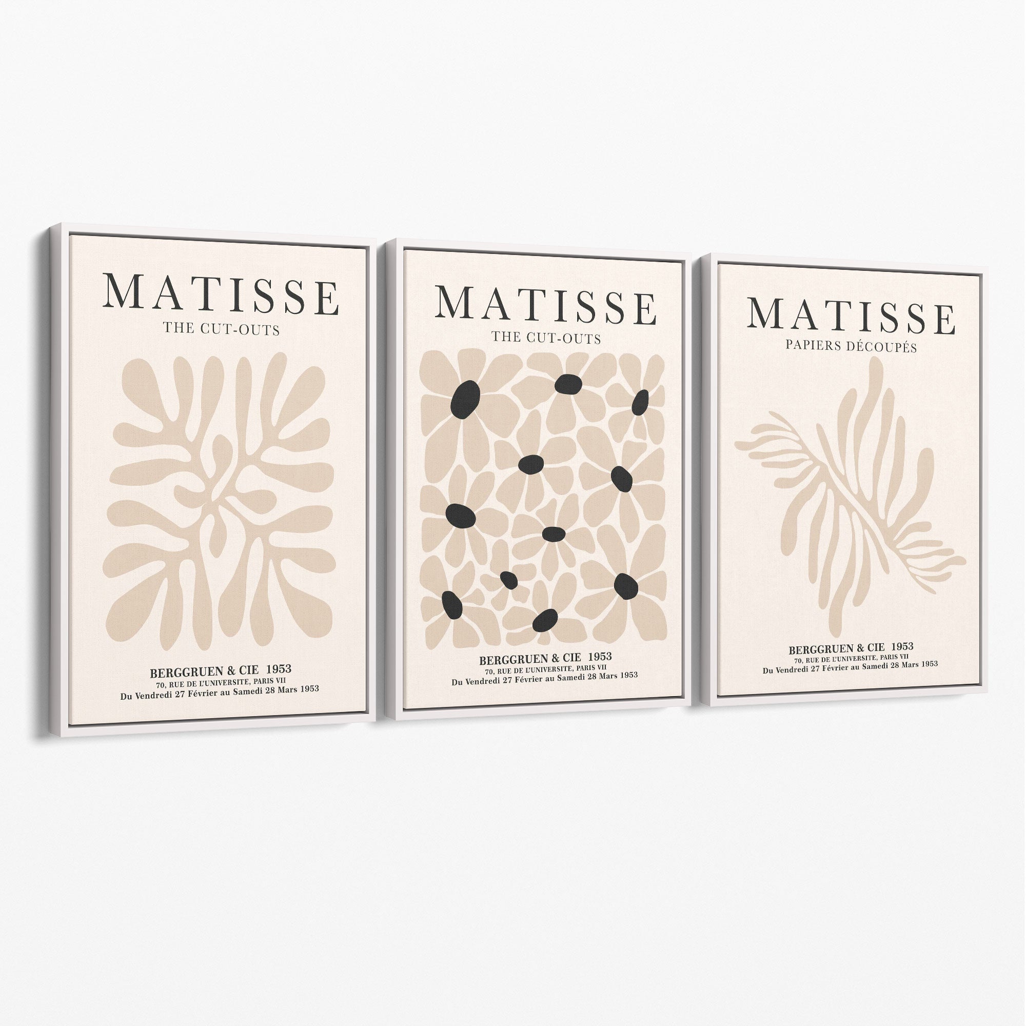 Set of 3 Matisse Floral Neutral Beige Canvas Prints with White Float Frame