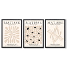 Set of 3 Matisse Floral Neutral Beige Framed Wall Art with Black Wooden Frames