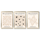 Set of 3 Matisse Floral Neutral Beige Framed Wall Art with Gold Wood Frames