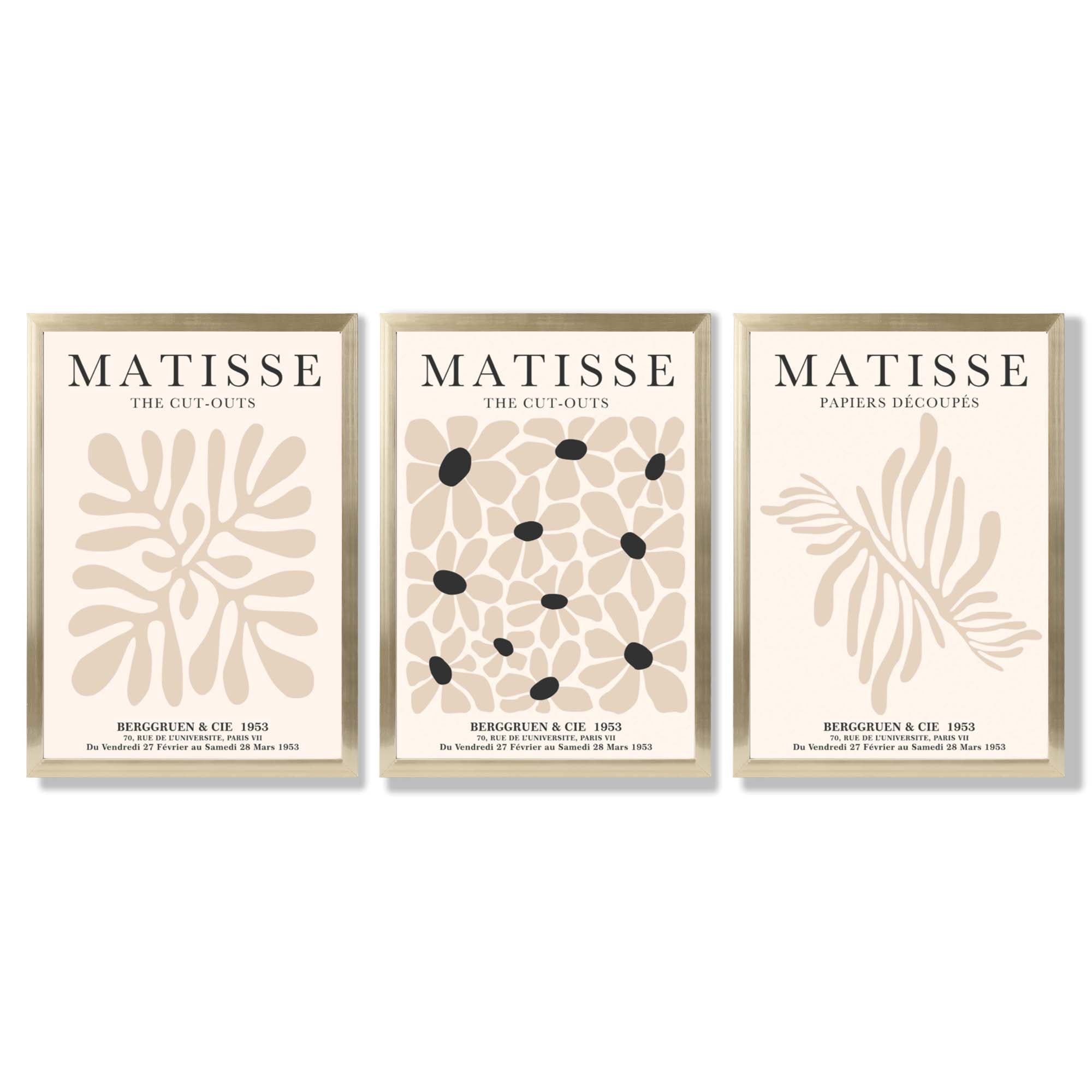 Set of 3 Matisse Floral Neutral Beige Framed Wall Art with Gold Wood Frames