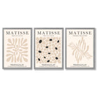 Set of 3 Matisse Floral Neutral Beige Framed Wall Art with Light Grey Wooden Frames