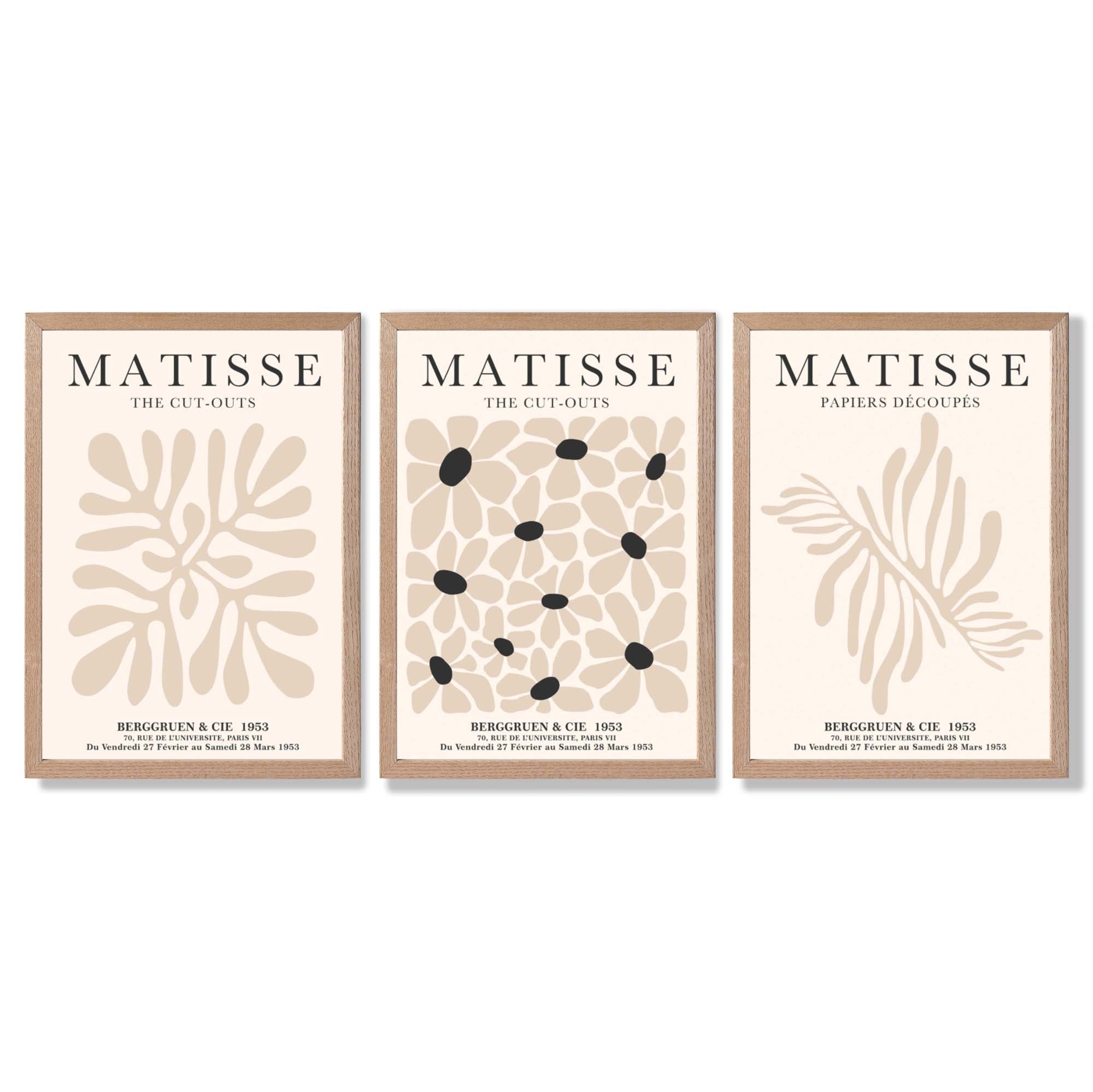 Set of 3 Matisse Floral Neutral Beige Framed Wall Art with Light Oak Frames