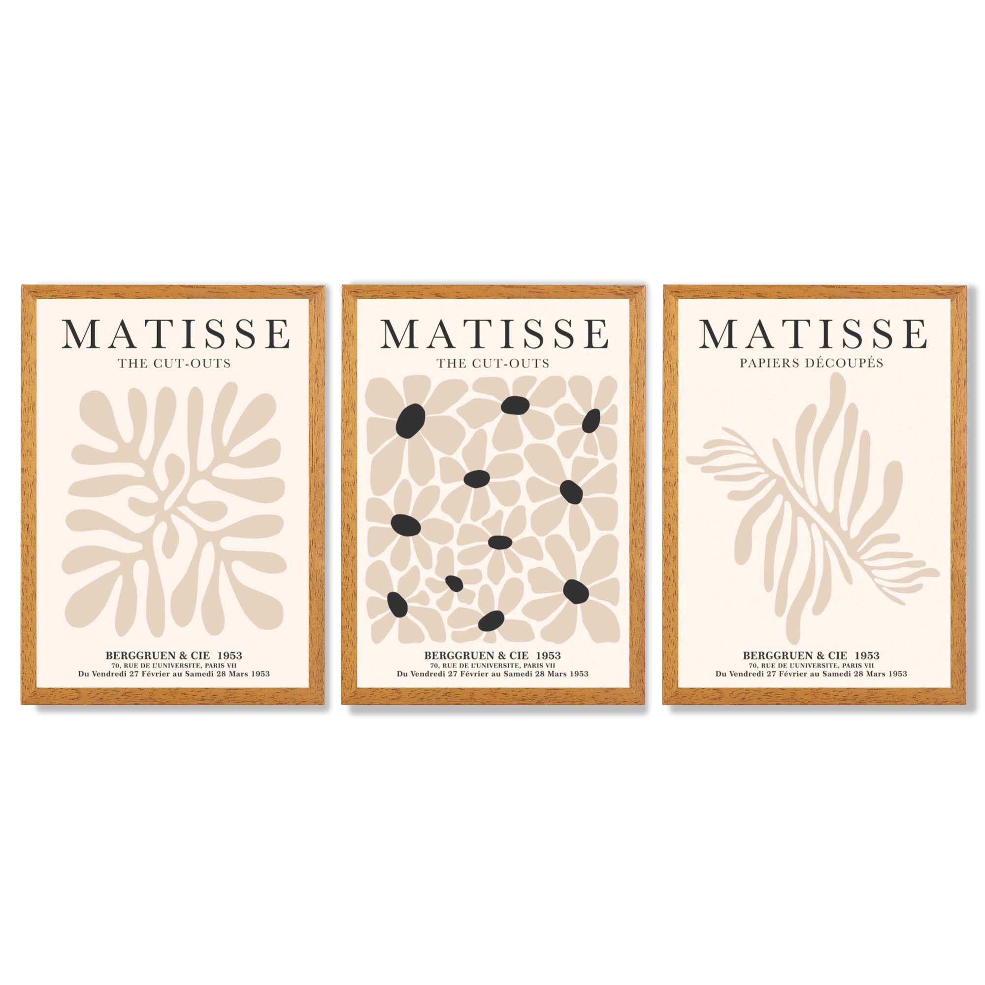 Set of 3 Matisse Floral Neutral Beige Framed Wall Art with Oak Wooden Frames