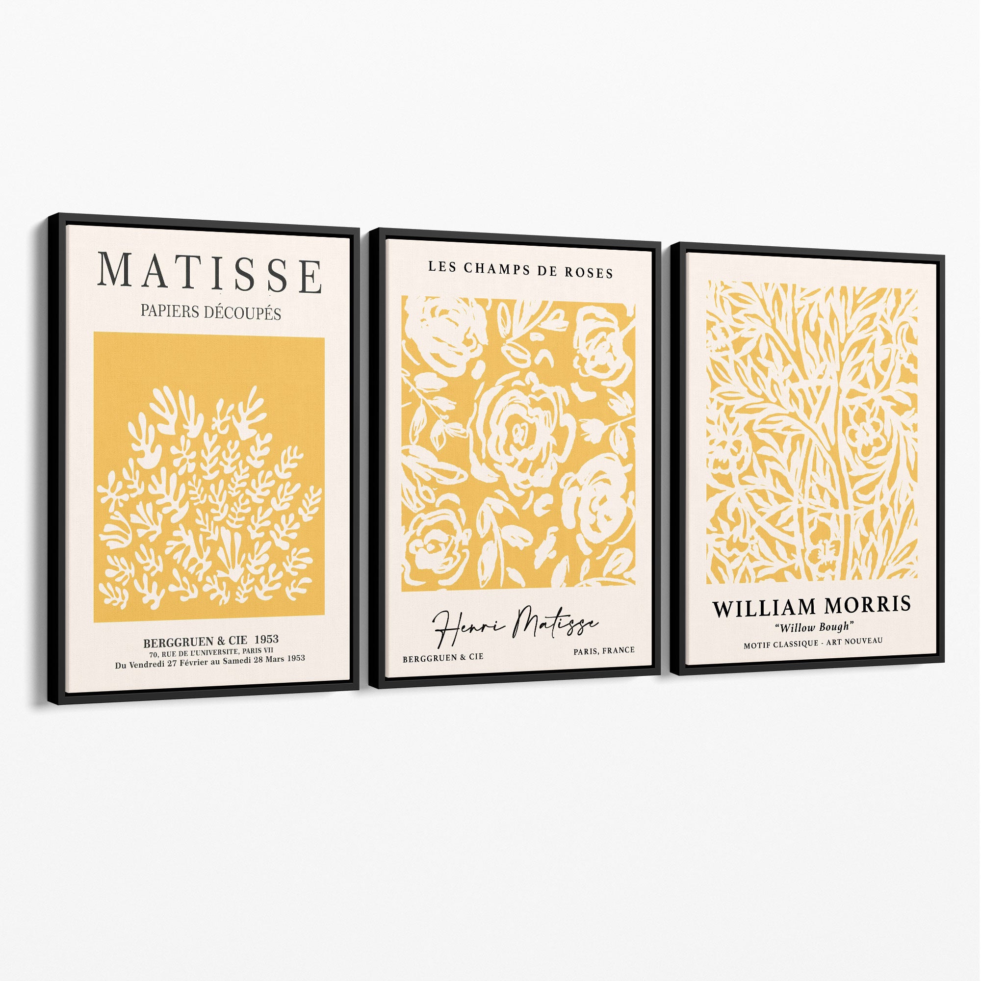 Set of 3 Matisse & William Morris Floral in Yellow Canvas Prints with Black Float Frame