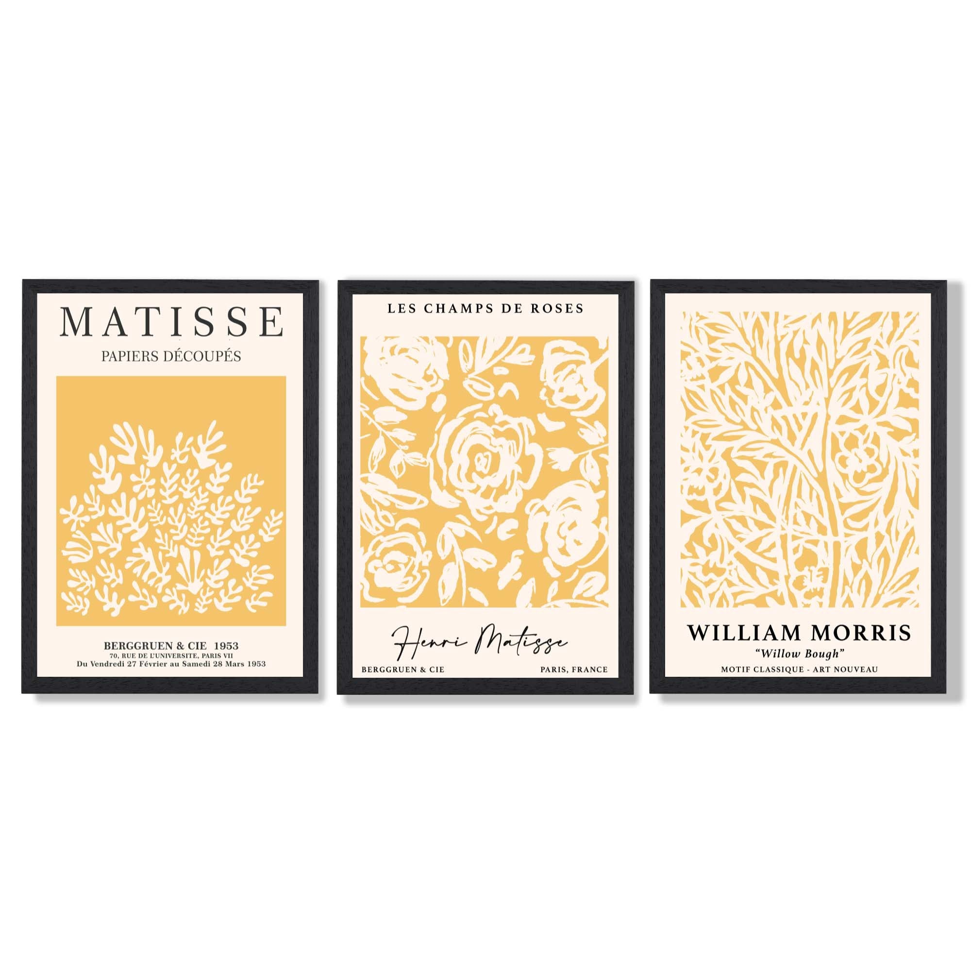 Set of 3 Matisse & William Morris Floral in Yellow Framed Wall Art with Black Wooden Frames