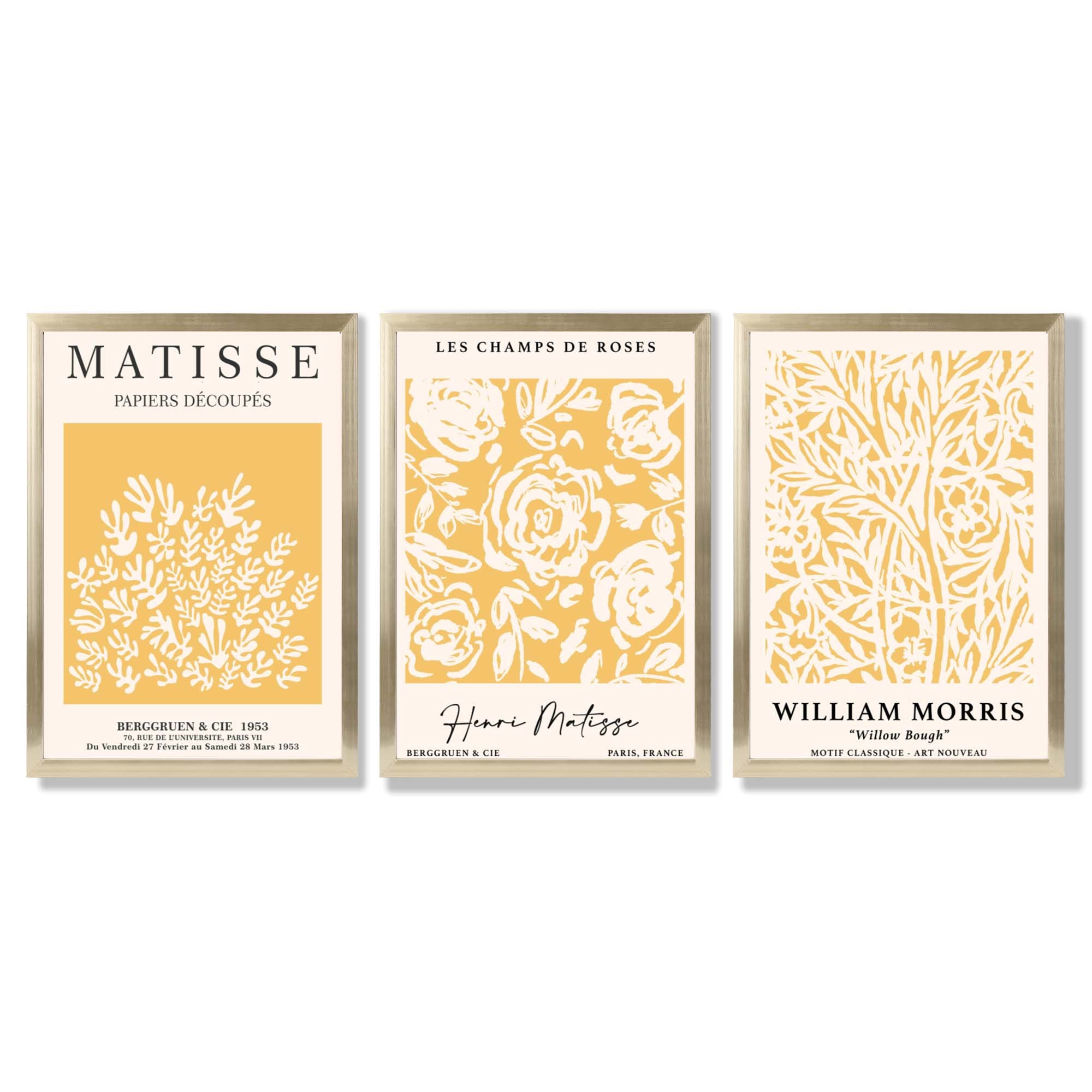 Set of 3 Matisse & William Morris Floral in Yellow Framed Wall Art with Gold Wood Frames