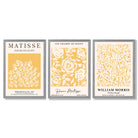 Set of 3 Matisse & William Morris Floral in Yellow Framed Wall Art with Light Grey Wooden Frames