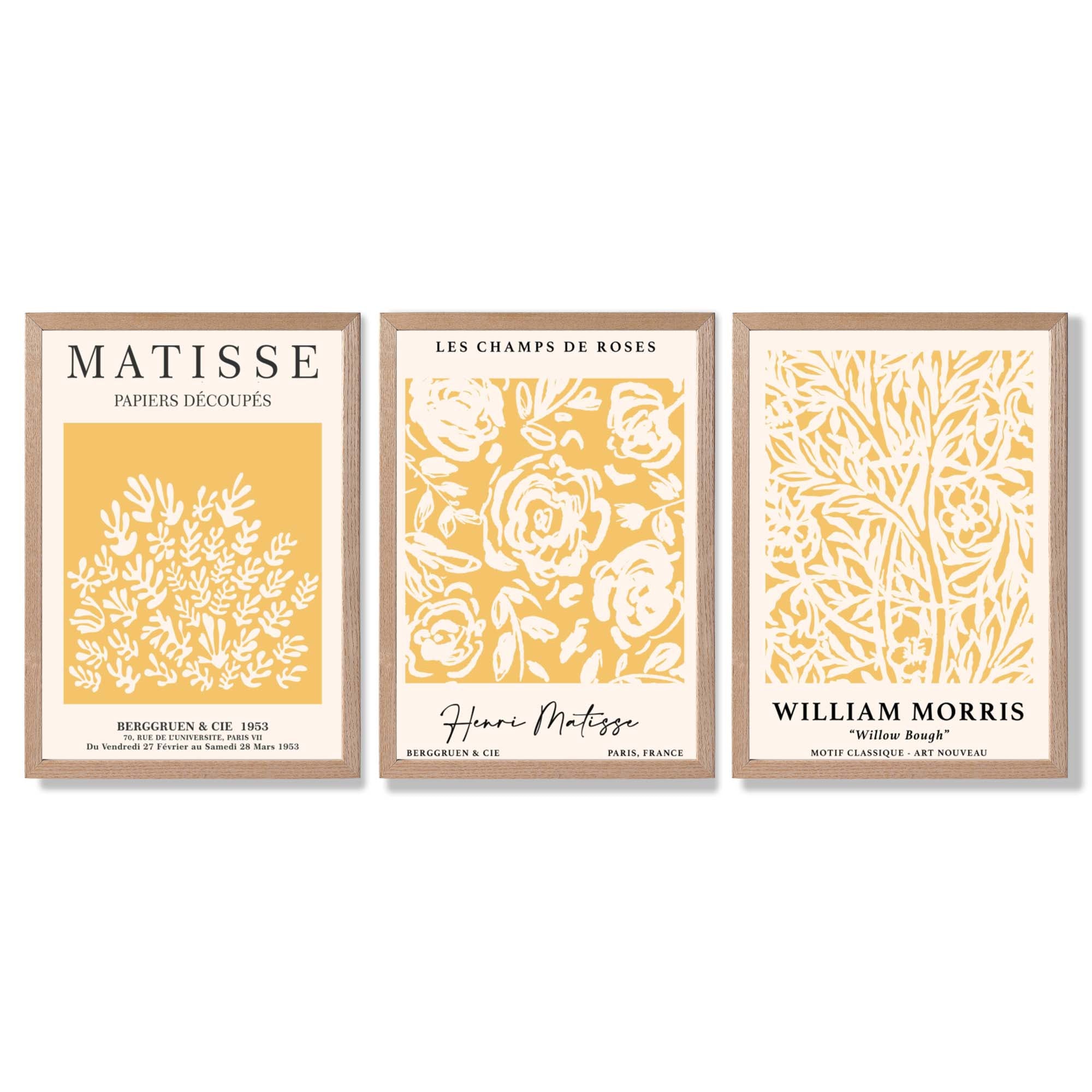 Set of 3 Matisse & William Morris Floral in Yellow Framed Wall Art with Light Oak Frames