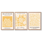 Set of 3 Matisse & William Morris Floral in Yellow Framed Wall Art with Light Oak Frames