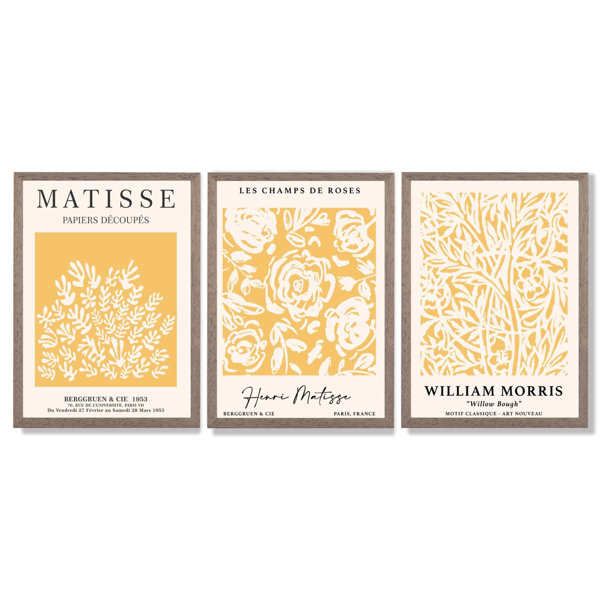 Set of 3 Matisse & William Morris Floral in Yellow Framed Wall Art with Light Walnut Frames