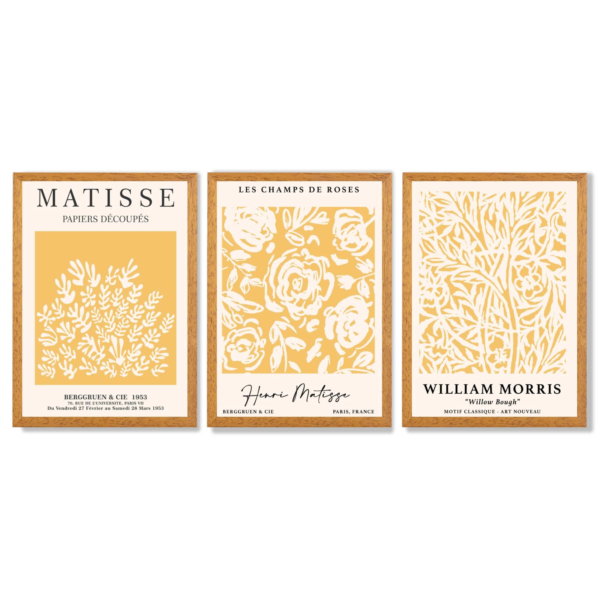 Set of 3 Matisse & William Morris Floral in Yellow Framed Wall Art with Oak Wooden Frames