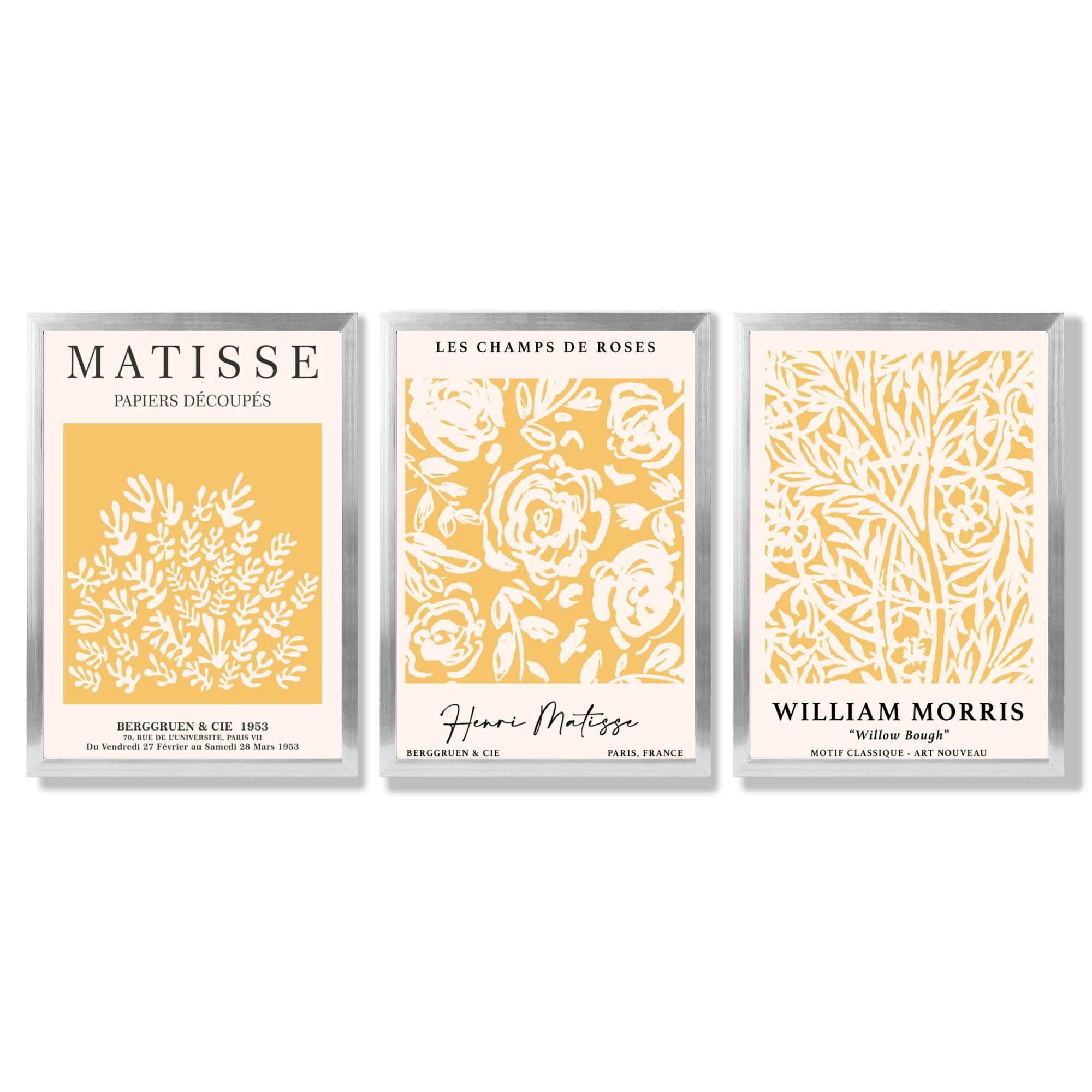 Set of 3 Matisse & William Morris Floral in Yellow Framed Wall Art with Silver Wood Frames