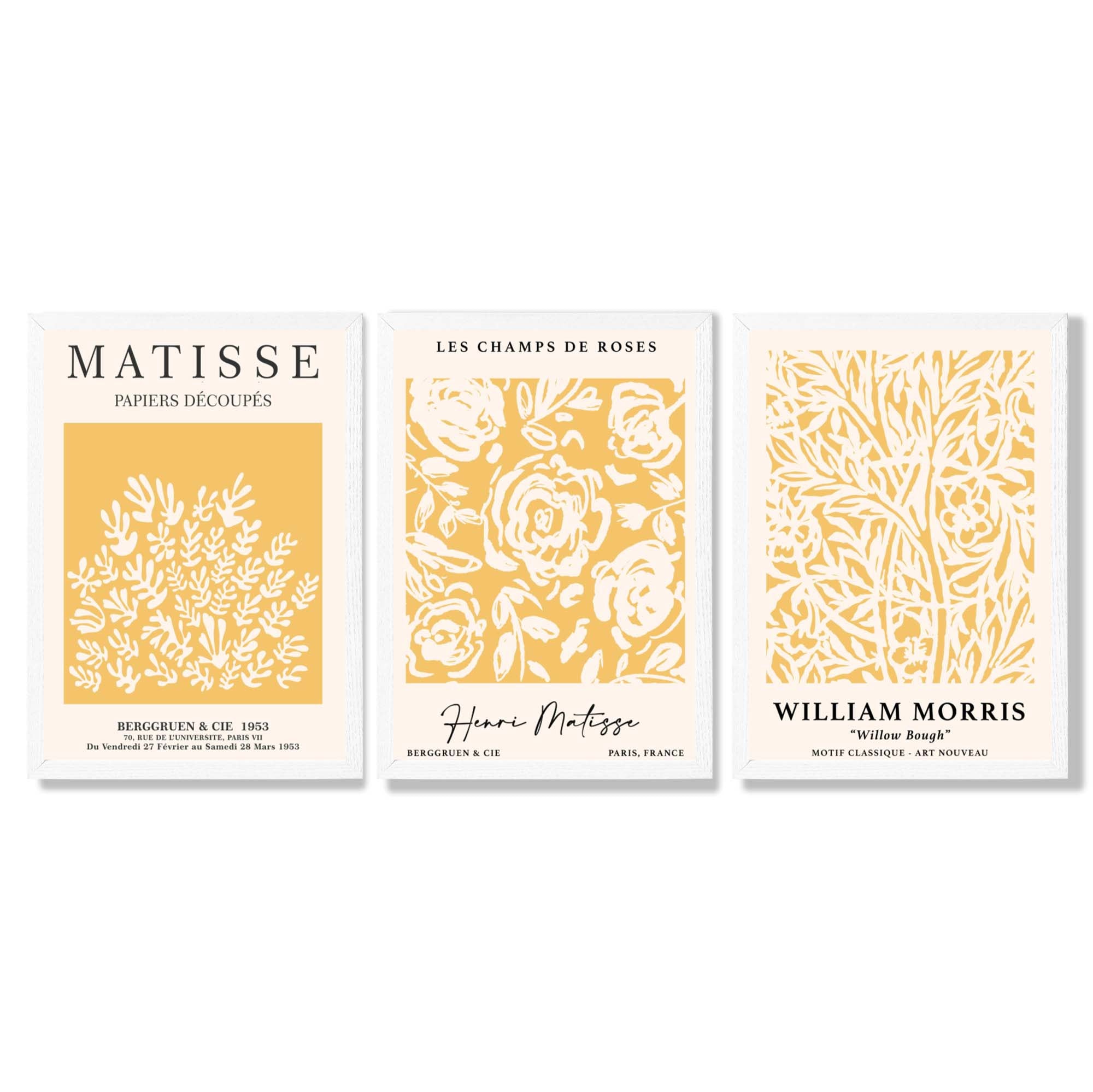 Set of 3 Matisse & William Morris Floral in Yellow Framed Wall Art with White Wooden Frames