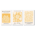 Set of 3 Matisse & William Morris Floral in Yellow Framed Wall Art with White Wooden Frames