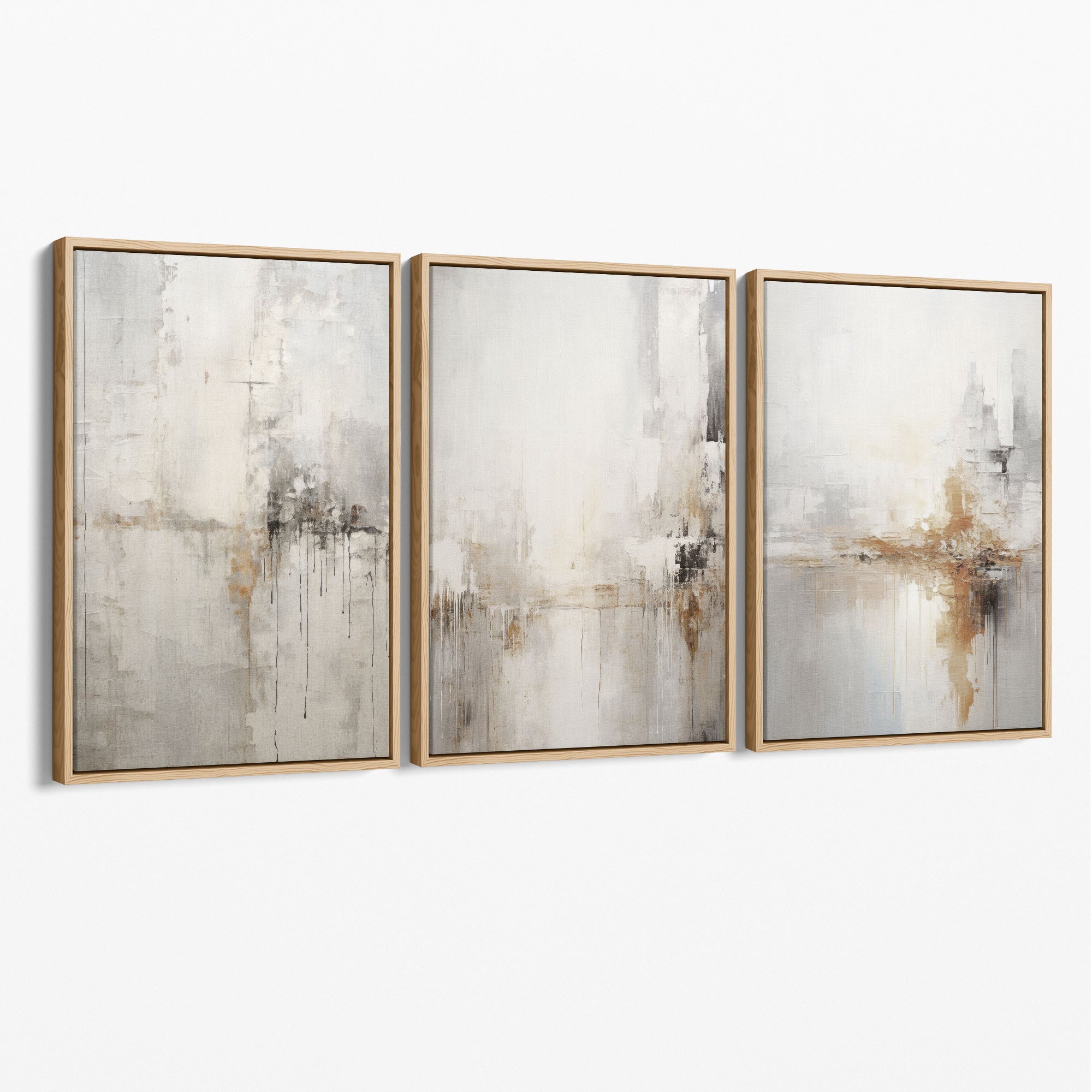 Set of 3 Minimal Abstract Neutral Greige Canvas Prints with Oak Float Frame