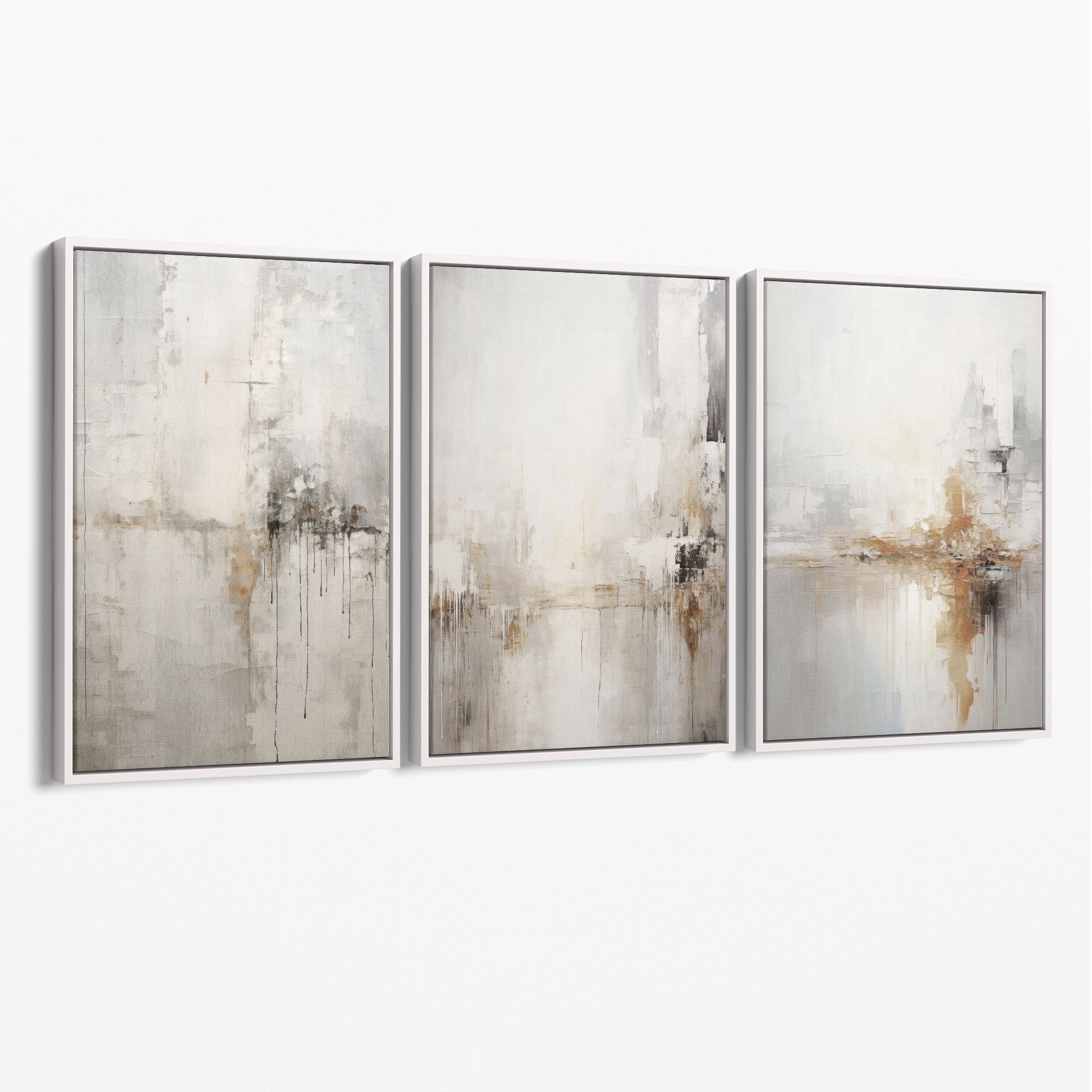 Set of 3 Minimal Abstract Neutral Greige Canvas Prints with White Float Frame