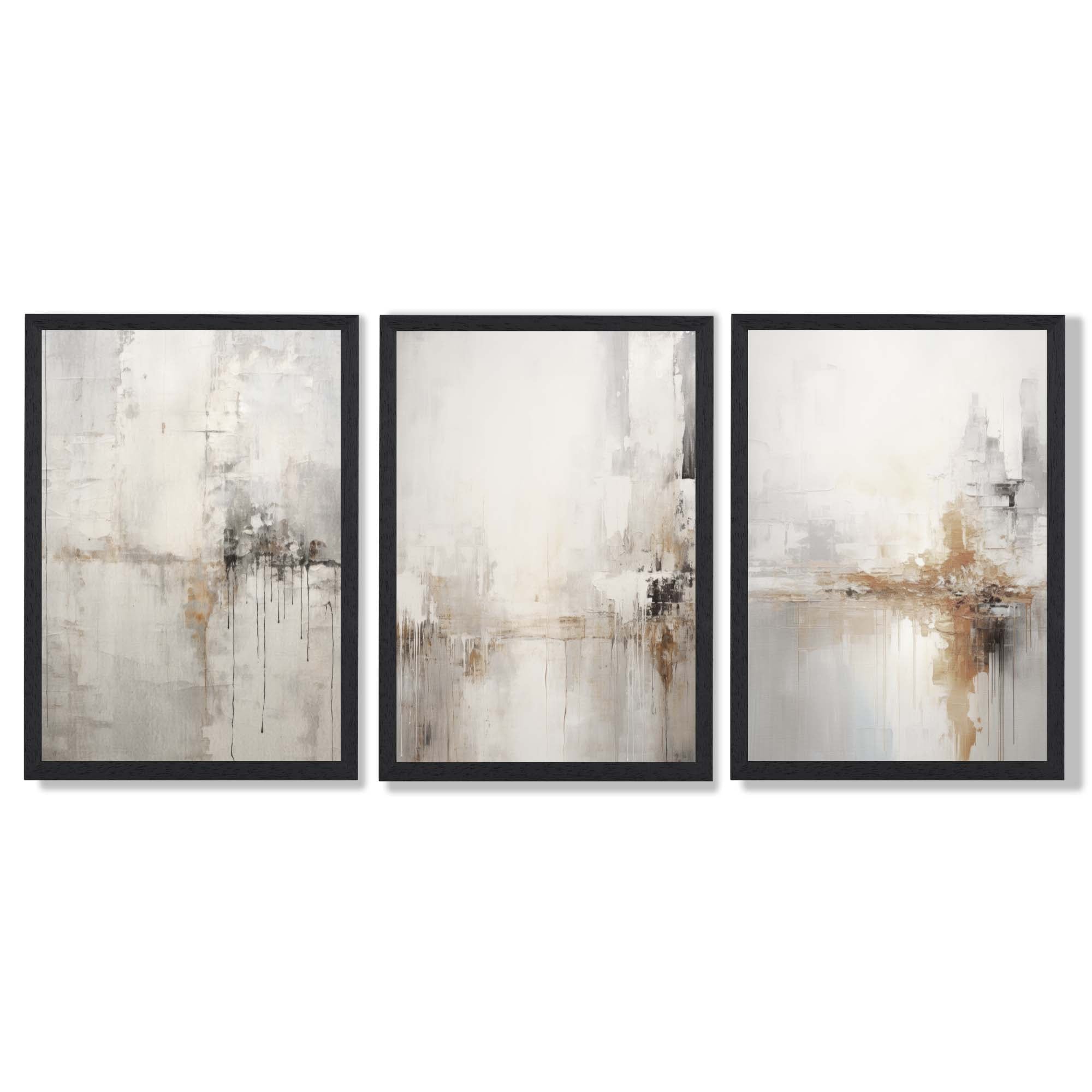 Set of 3 Minimal Abstract Neutral Greige Framed Wall Art with Black Wooden Frames