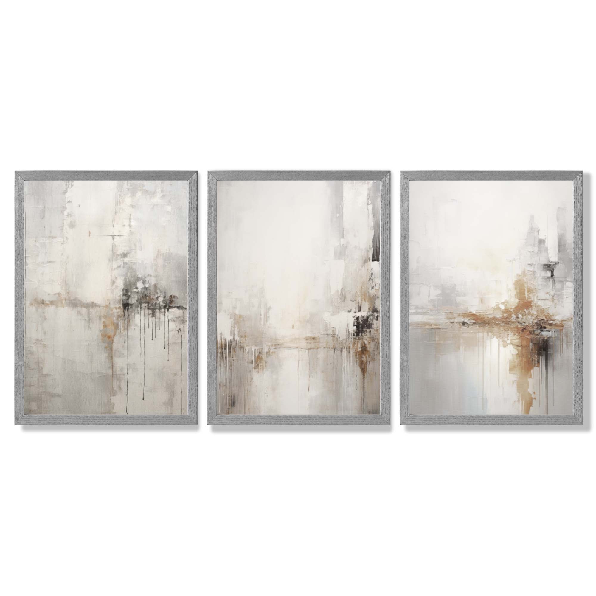 Set of 3 Minimal Abstract Neutral Greige Framed Wall Art with Light Grey Wooden Frames