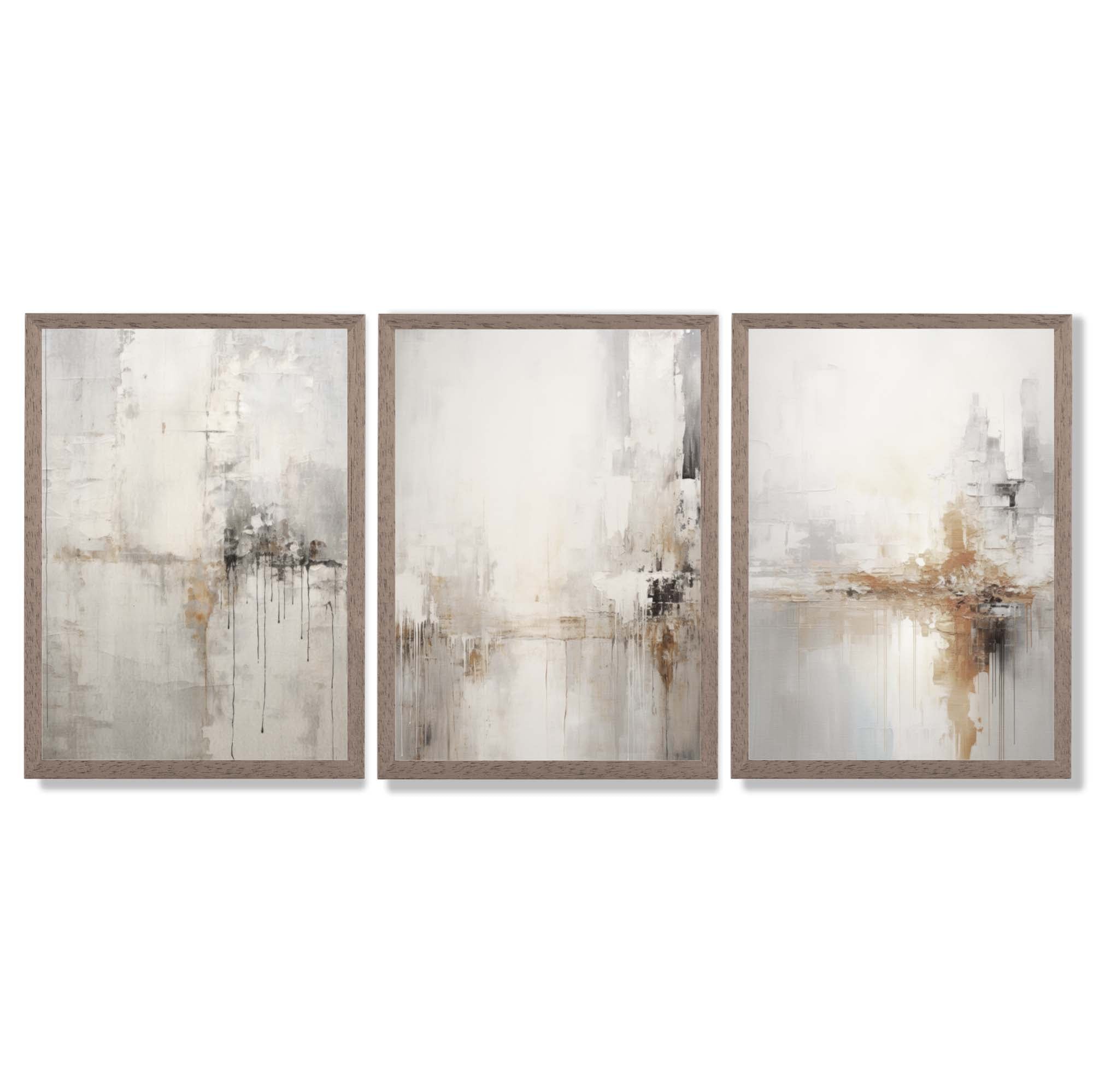 Set of 3 Minimal Abstract Neutral Greige Framed Wall Art with Light Walnut Frames