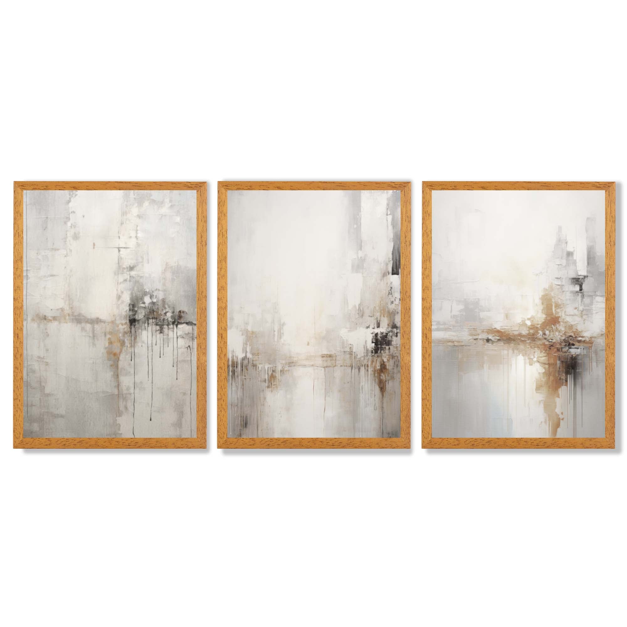 Set of 3 Minimal Abstract Neutral Greige Framed Wall Art with Oak Wooden Frames