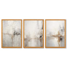 Set of 3 Minimal Abstract Neutral Greige Framed Wall Art with Oak Wooden Frames