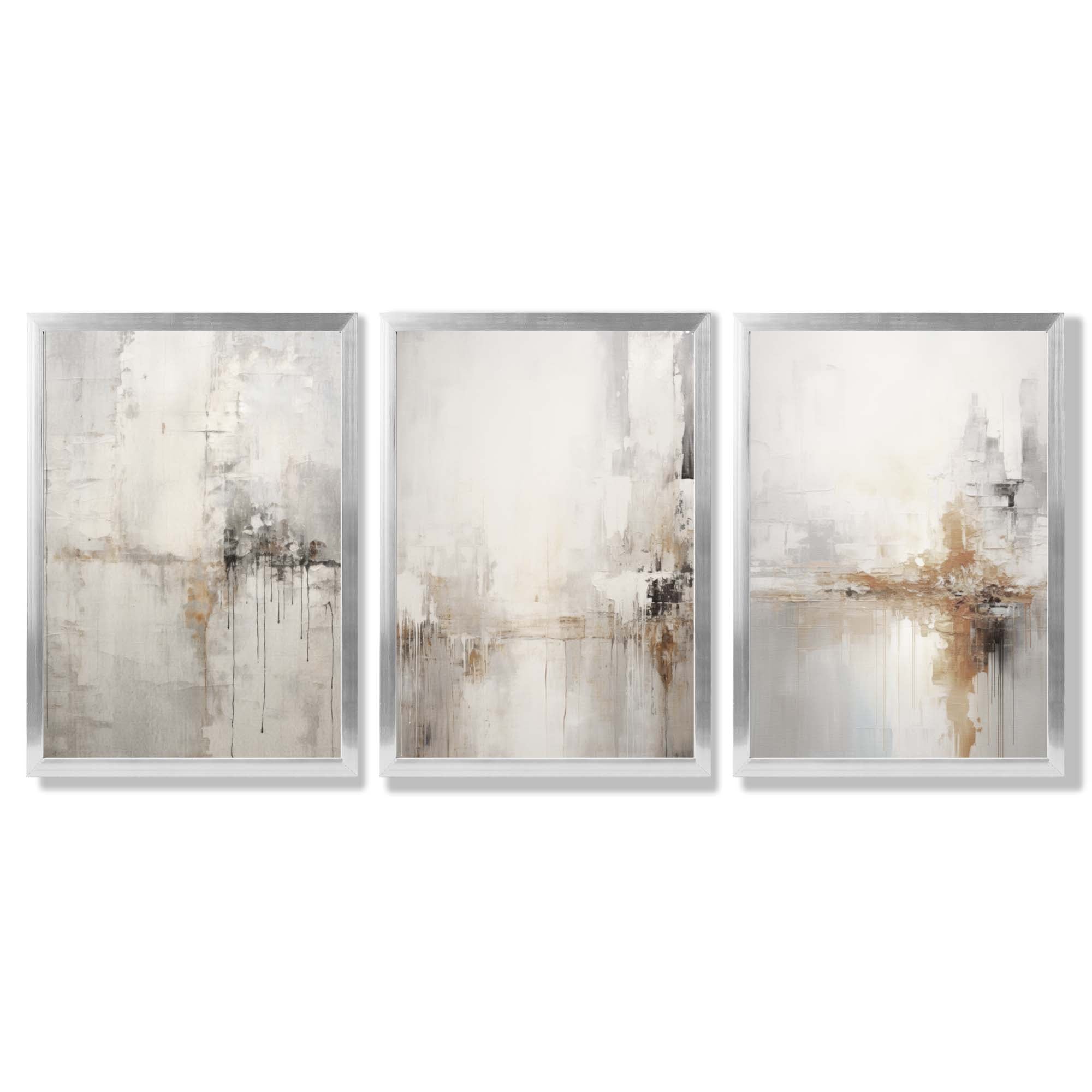 Set of 3 Minimal Abstract Neutral Greige Framed Wall Art with Silver Wood Frames