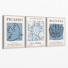 Set of 3 Minimal Picasso,Matisse Light Blue Nature Themed Canvas Prints with White Float Frame