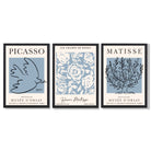 Set of 3 Minimal Picasso,Matisse Light Blue Nature Themed Framed Wall Art with Black Wooden Frames