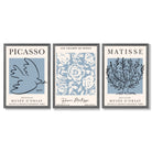 Set of 3 Minimal Picasso,Matisse Light Blue Nature Themed Framed Wall Art with Dark Grey Wooden Frames