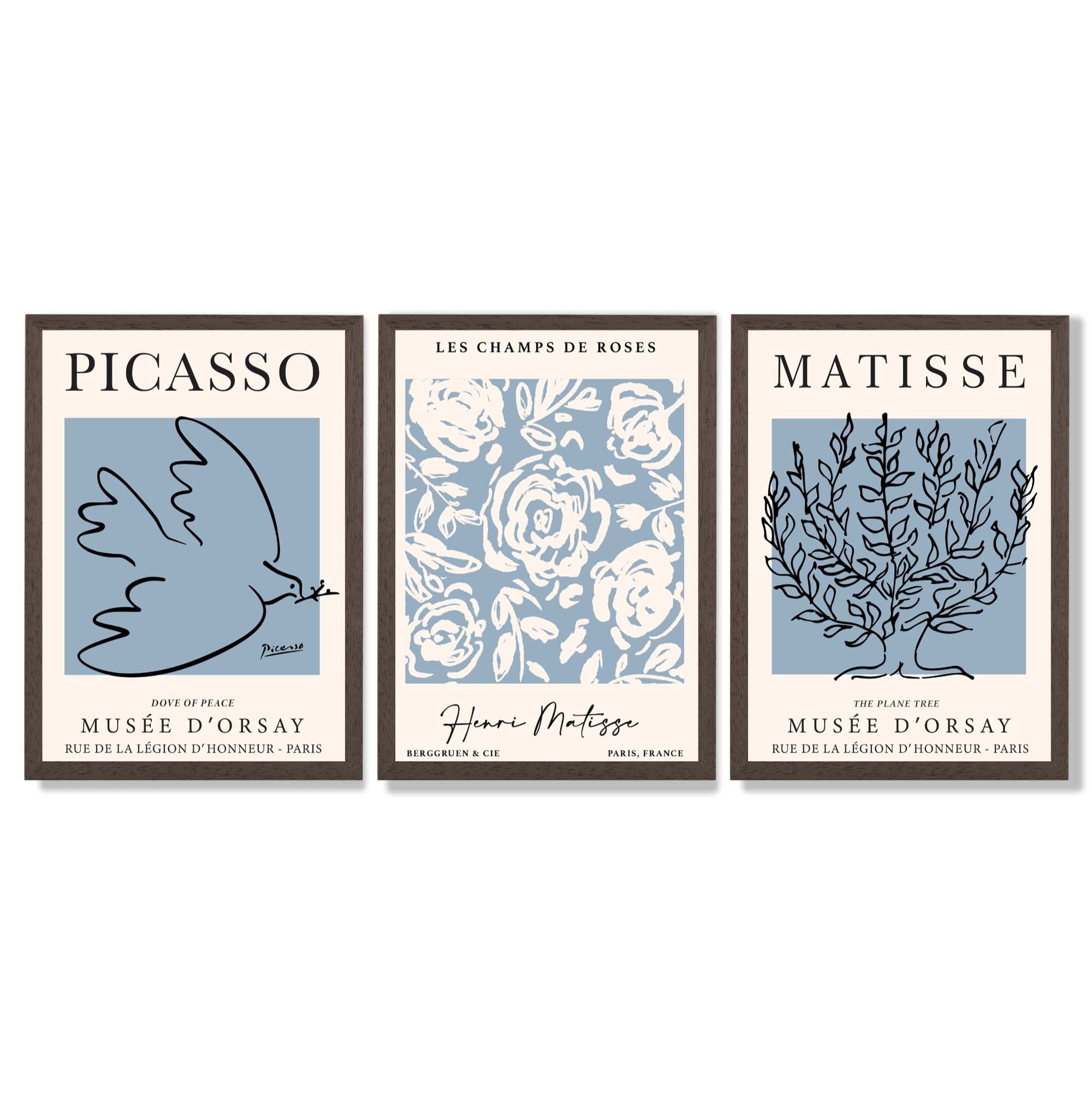 Set of 3 Minimal Picasso,Matisse Light Blue Nature Themed Framed Wall Art with Dark Wood Frames