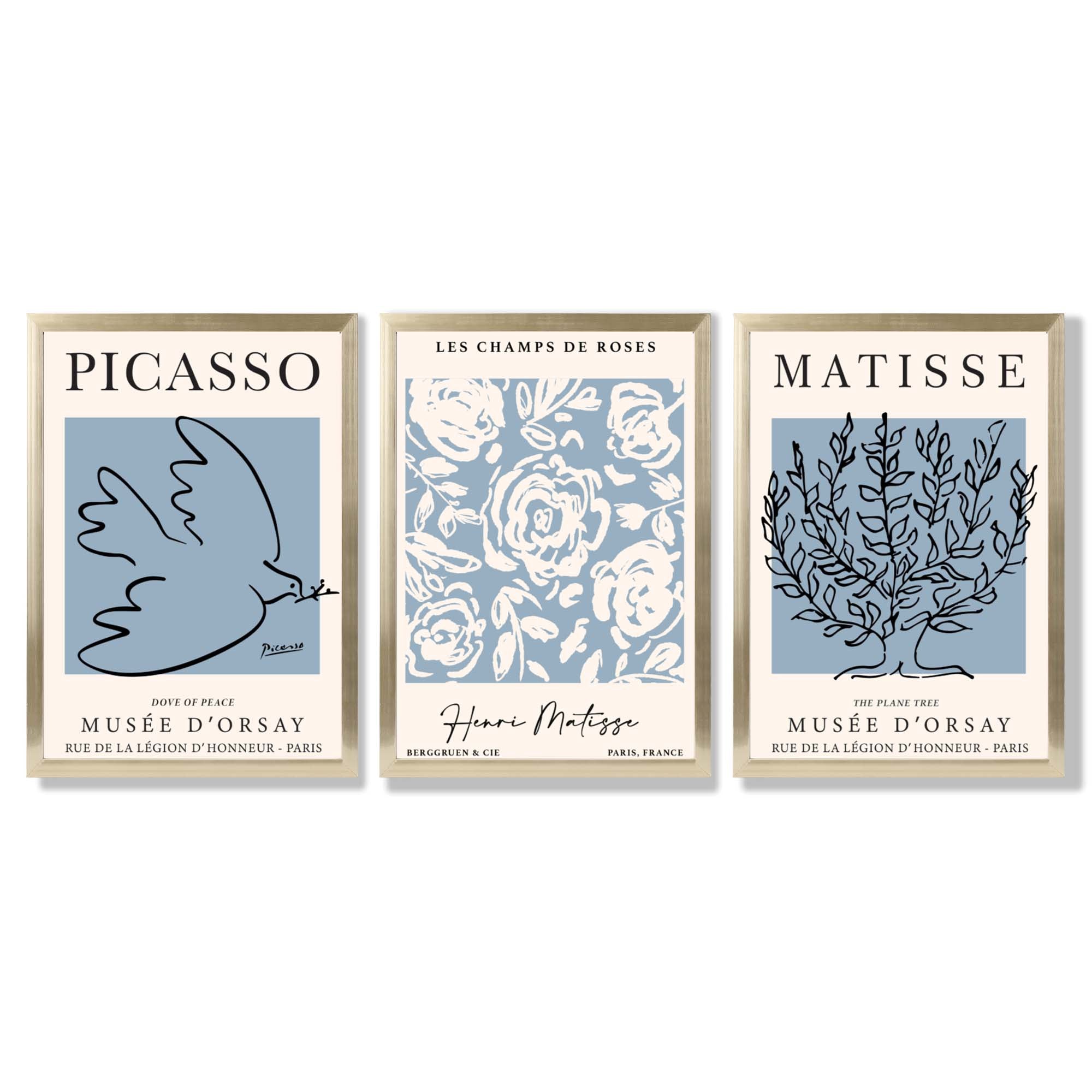 Set of 3 Minimal Picasso,Matisse Light Blue Nature Themed Framed Wall Art with Gold Wood Frames