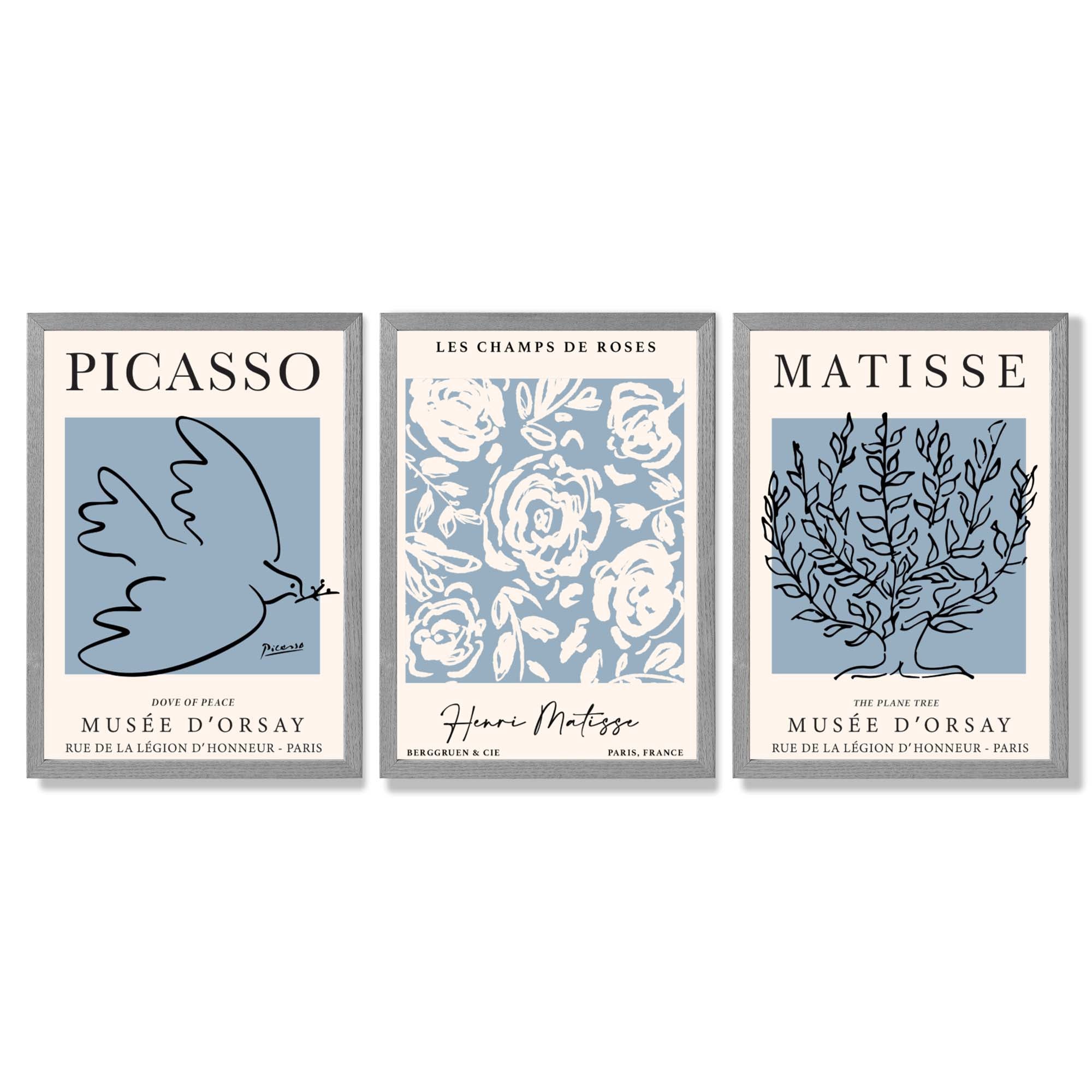 Set of 3 Minimal Picasso,Matisse Light Blue Nature Themed Framed Wall Art with Light Grey Wooden Frames