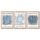 Set of 3 Minimal Picasso,Matisse Light Blue Nature Themed Framed Wall Art with Light Oak Frames