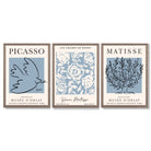 Set of 3 Minimal Picasso,Matisse Light Blue Nature Themed Framed Wall Art with Light Walnut Frames