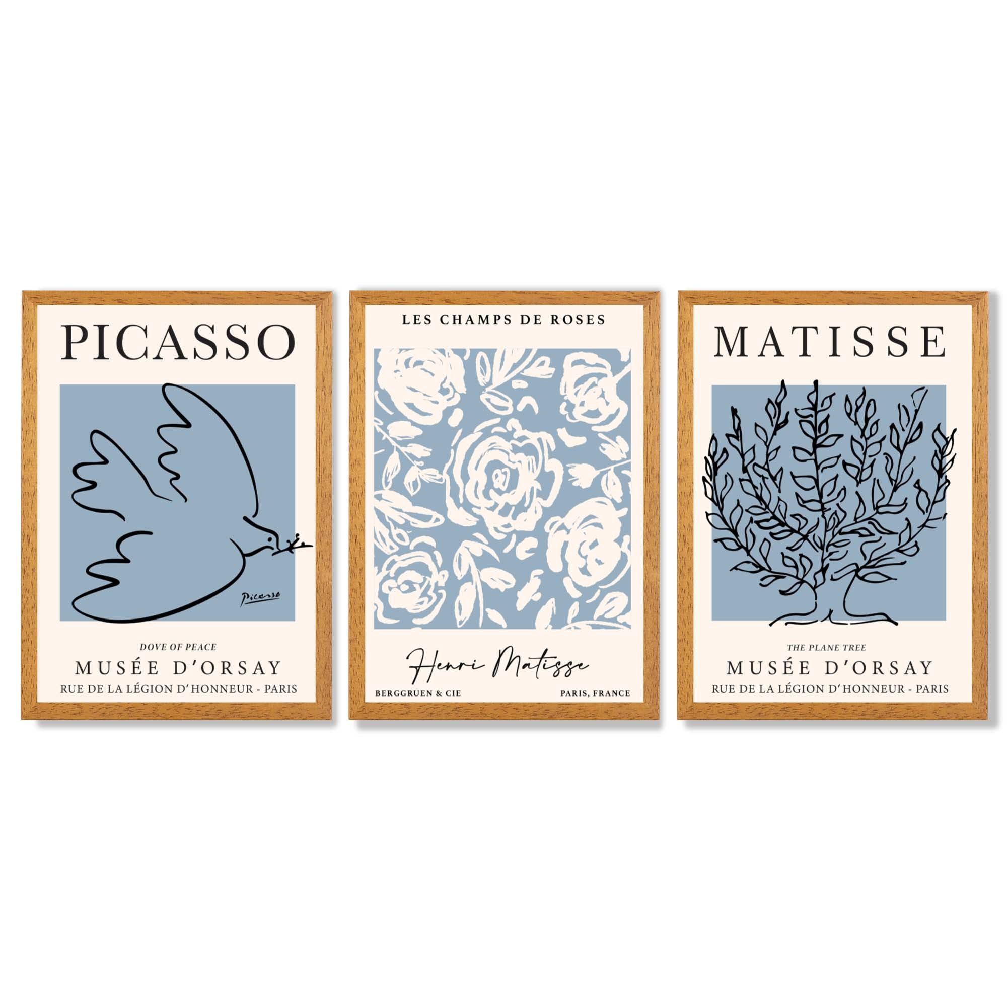 Set of 3 Minimal Picasso,Matisse Light Blue Nature Themed Framed Wall Art with Oak Wooden Frames