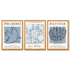 Set of 3 Minimal Picasso,Matisse Light Blue Nature Themed Framed Wall Art with Oak Wooden Frames