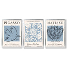 Set of 3 Minimal Picasso,Matisse Light Blue Nature Themed Framed Wall Art with Silver Wood Frames