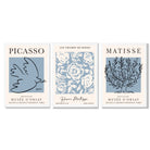 Set of 3 Minimal Picasso,Matisse Light Blue Nature Themed Framed Wall Art with White Wooden Frames