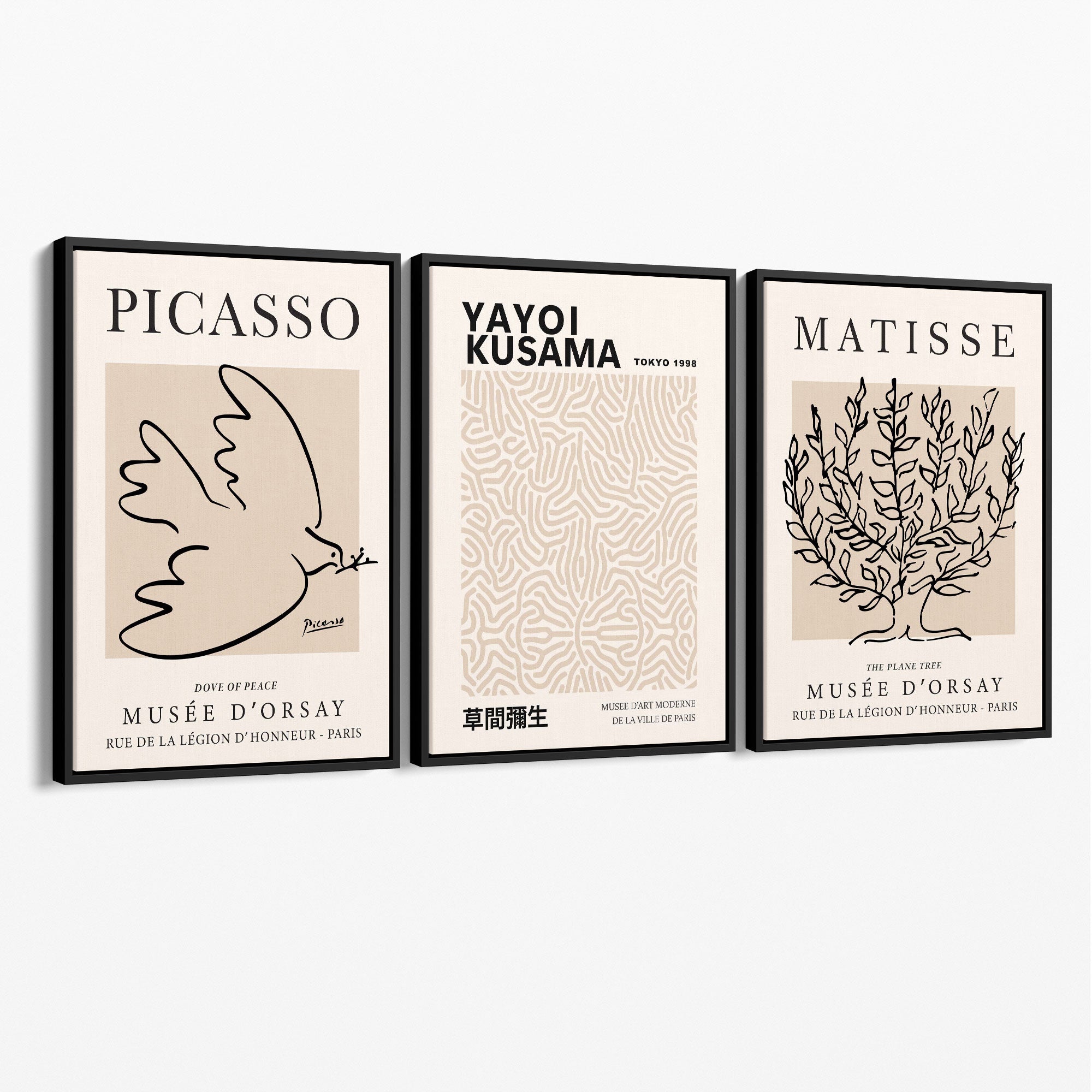 Set of 3 Picasso,Matisse and Yayoi Kusama Neutral Beige Canvas Prints with Black Float Frame