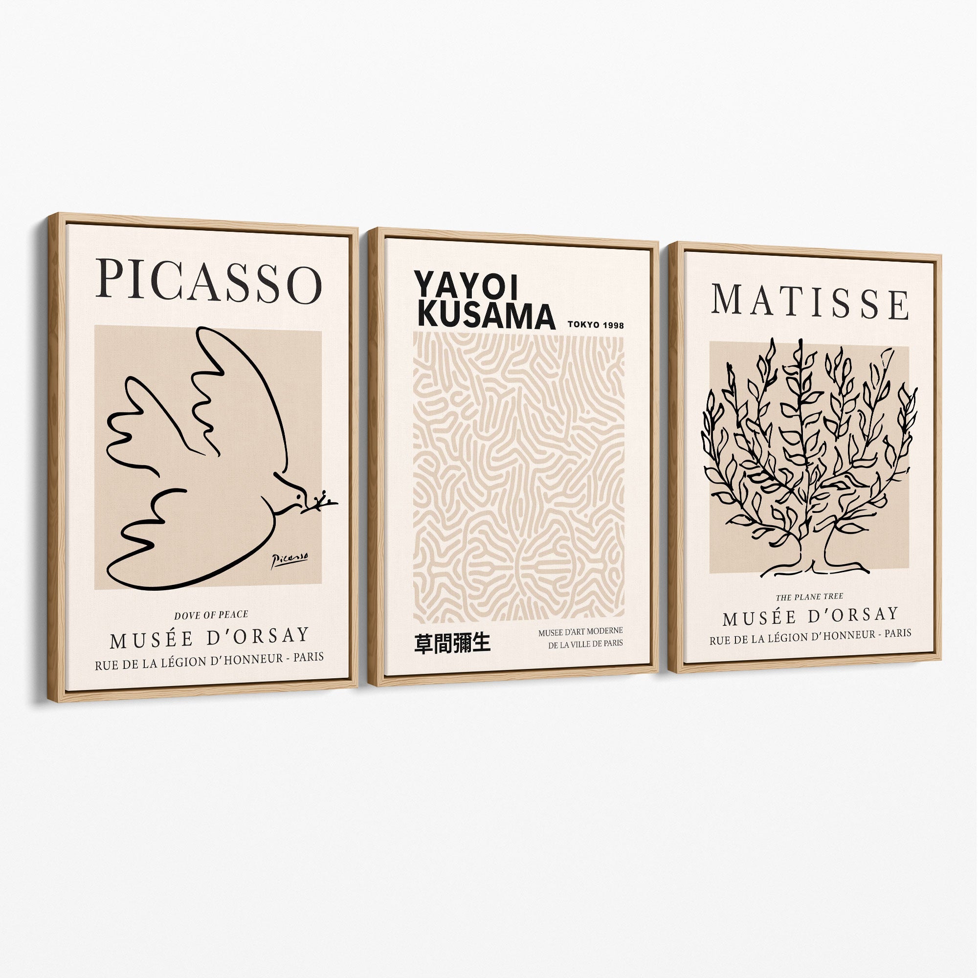 Set of 3 Picasso,Matisse and Yayoi Kusama Neutral Beige Canvas Prints with Oak Float Frame