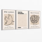 Set of 3 Picasso,Matisse and Yayoi Kusama Neutral Beige Canvas Prints with White Float Frame