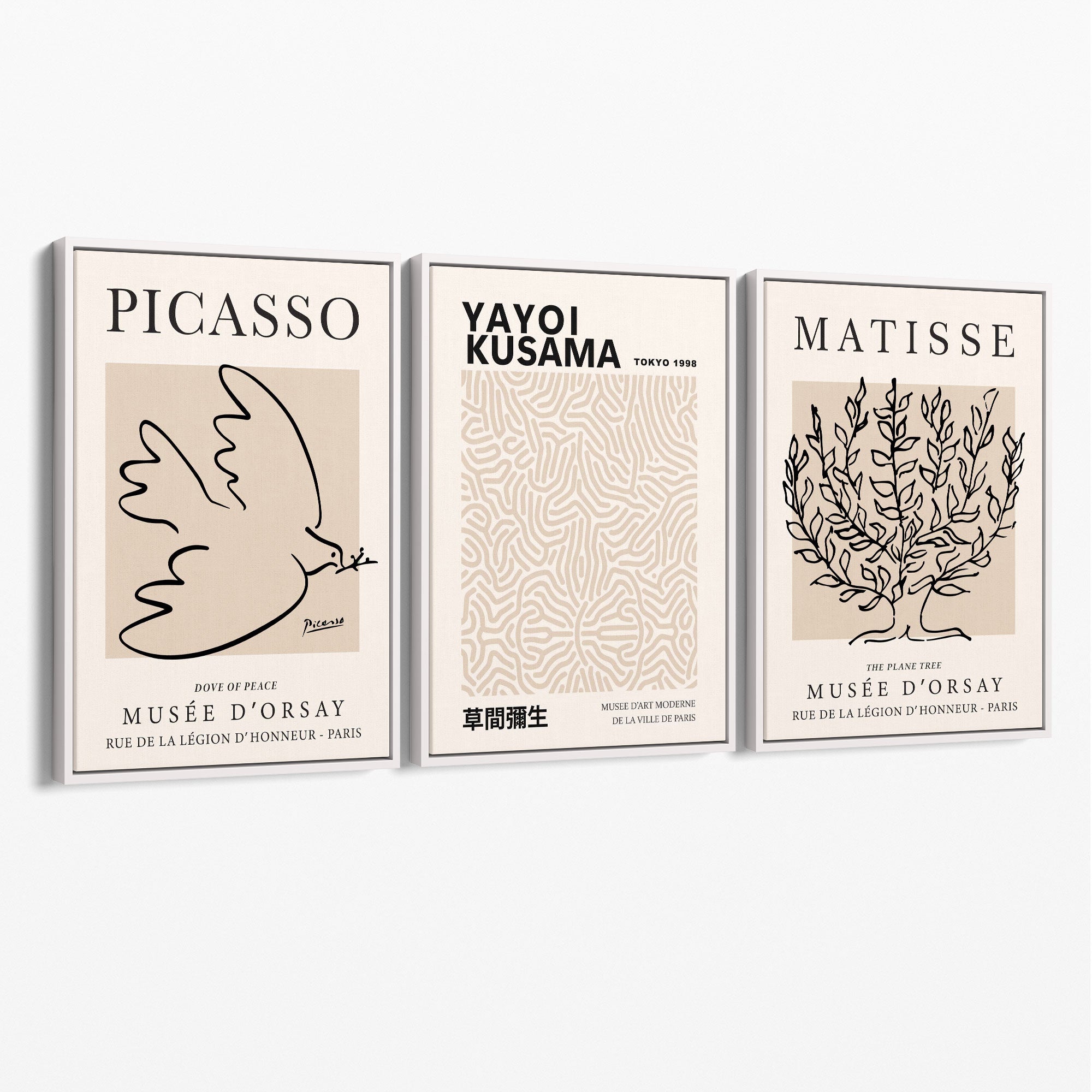 Set of 3 Picasso,Matisse and Yayoi Kusama Neutral Beige Canvas Prints with White Float Frame