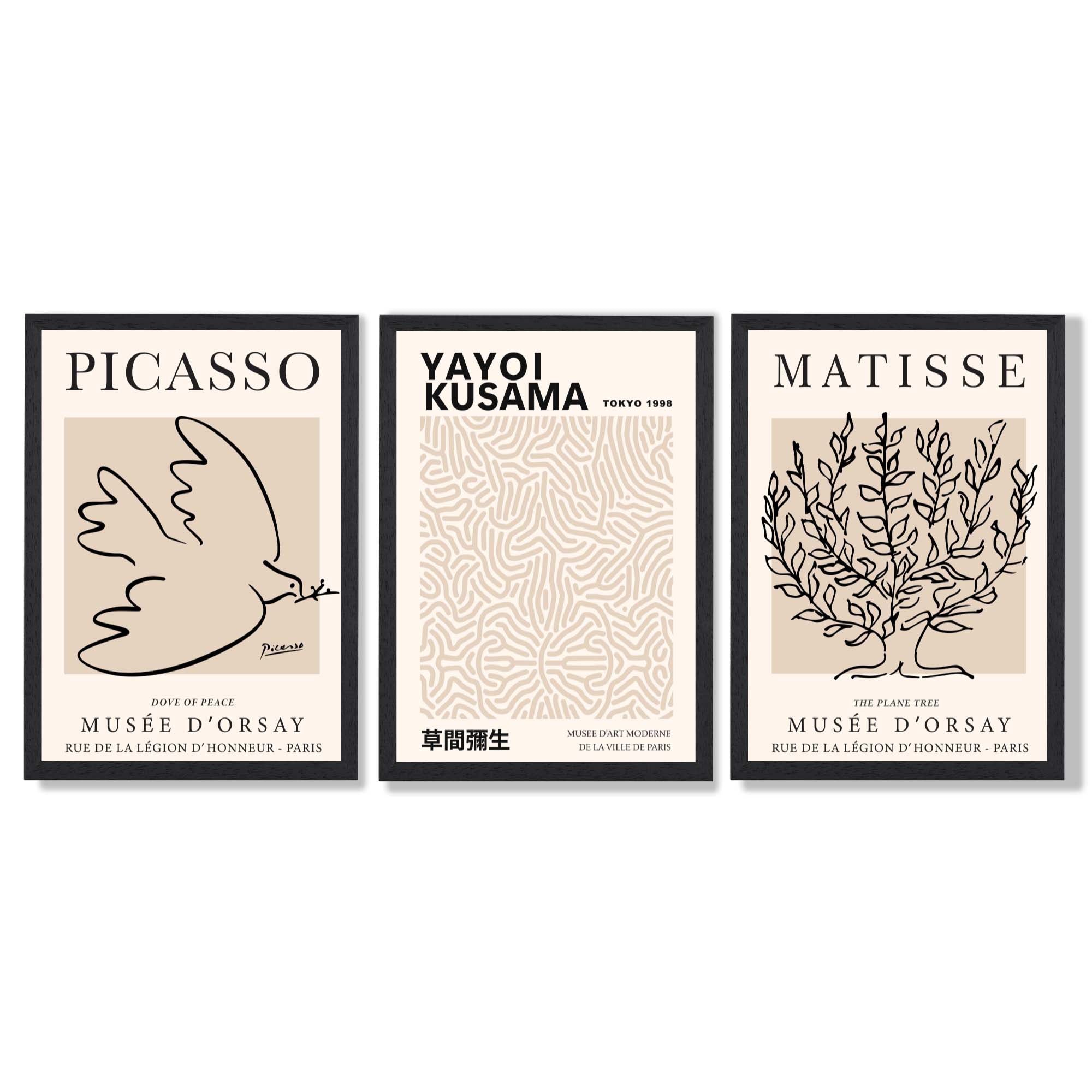 Set of 3 Picasso,Matisse and Yayoi Kusama Neutral Beige Framed Wall Art with Black Wooden Frames