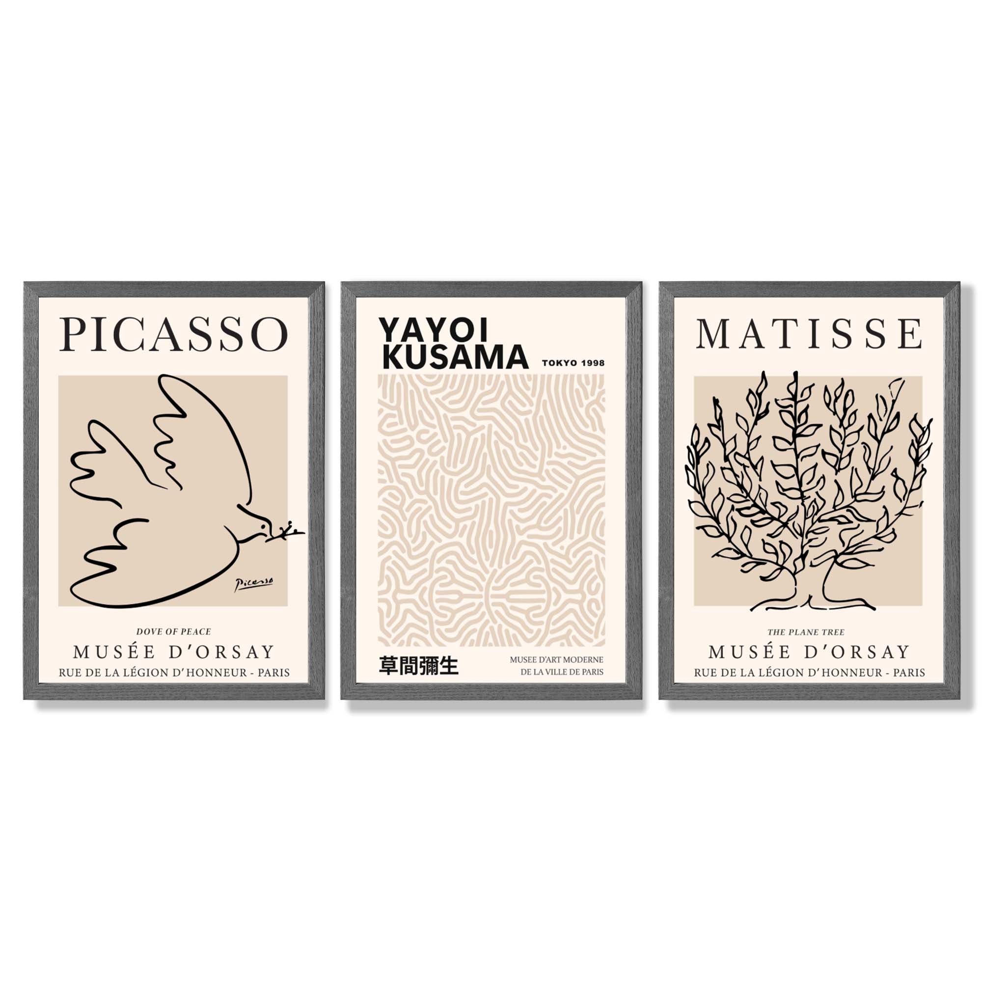Set of 3 Picasso,Matisse and Yayoi Kusama Neutral Beige Framed Wall Art with Dark Grey Wooden Frames