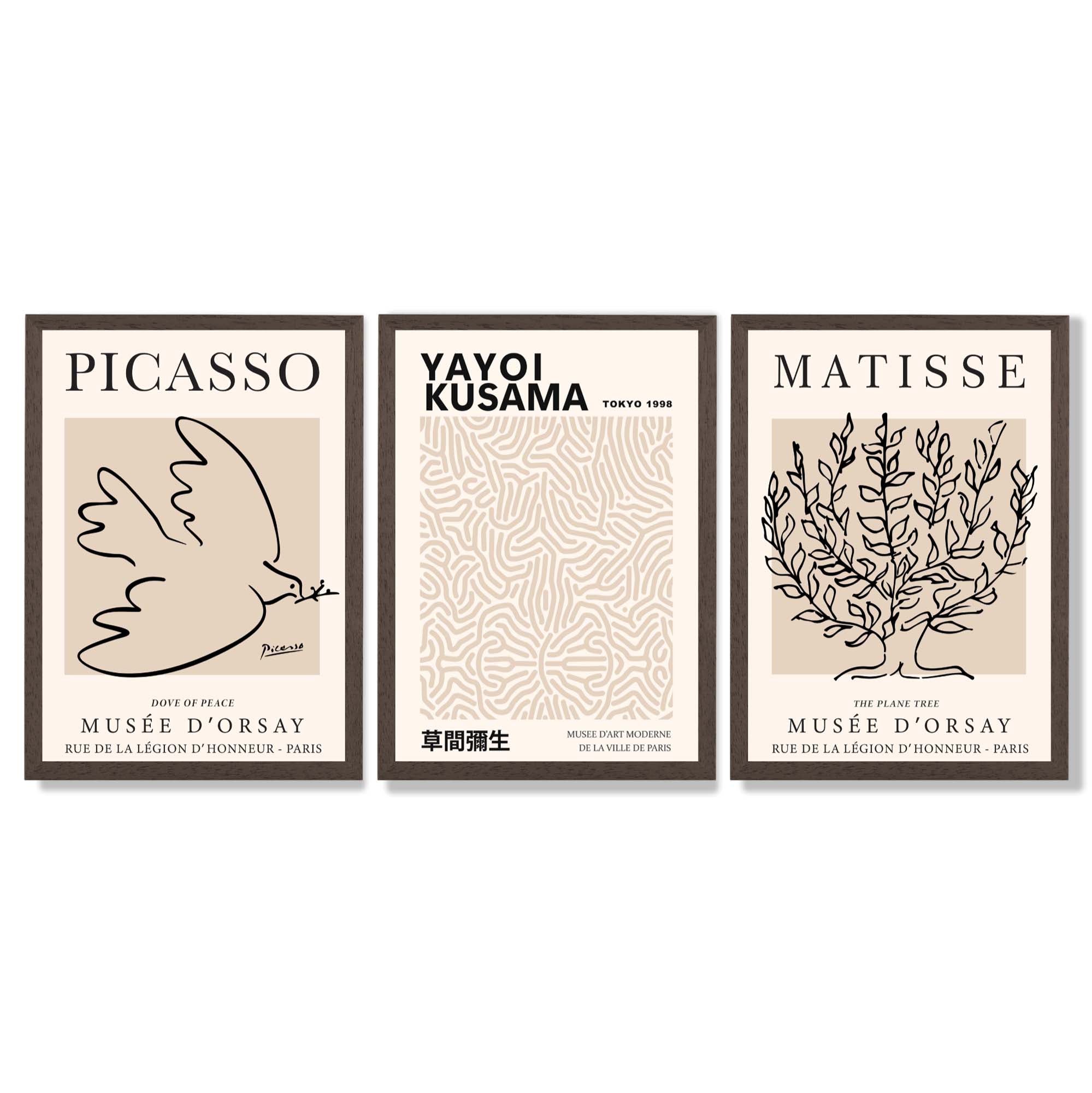 Set of 3 Picasso,Matisse and Yayoi Kusama Neutral Beige Framed Wall Art with Dark Wood Frames